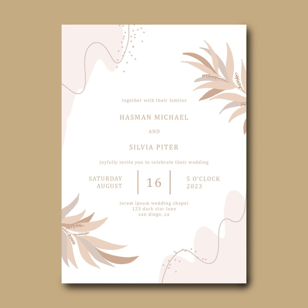 modelo de convite de casamento com fundo abstrato e folhas