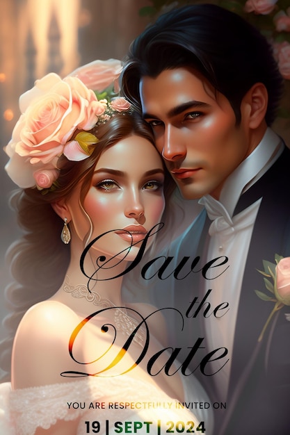 PSD modelo de convite de casamento de casal elegante design de rosas românticas salve a data cartão de casamento illustrat