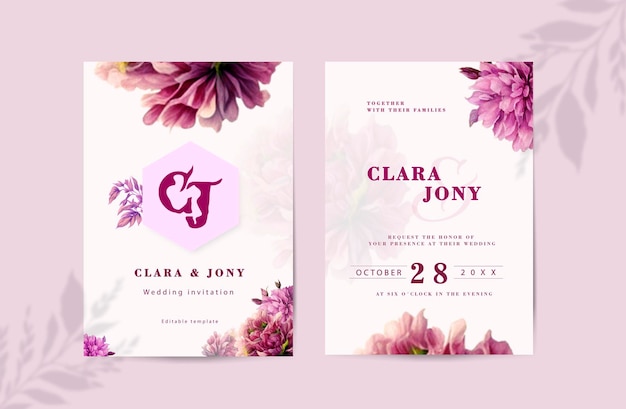 Modelo de convite de casamento de dupla face com elegantes flores em aquarela