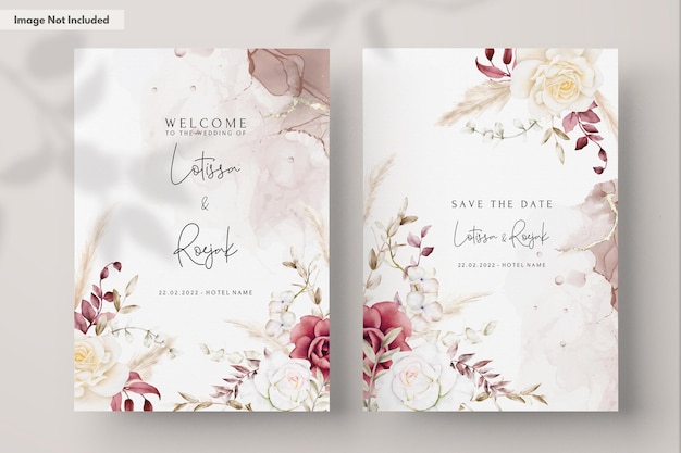 Modelo de convite de casamento de dupla face com flor em aquarela boho