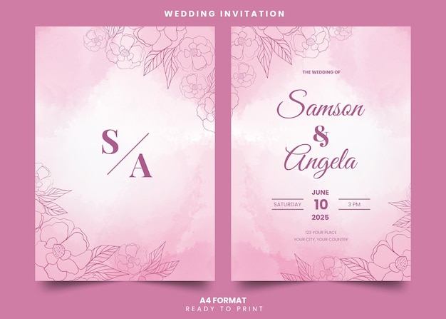 PSD modelo de convite de casamento de flor rosa desenhado à mão