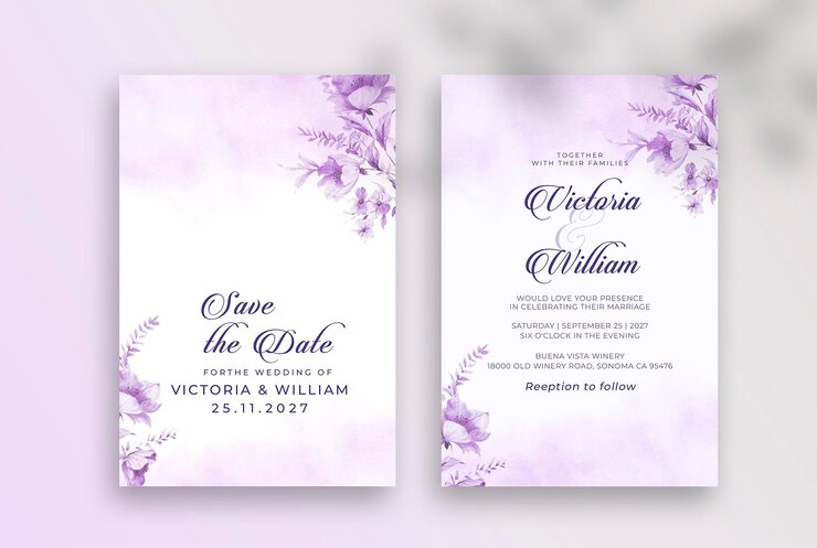 modelo de convite de casamento de textura com folhas de rosa roxa aquarela macia