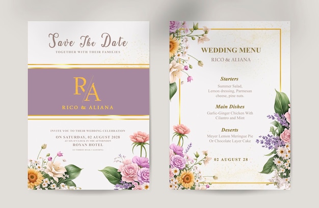Modelo de convite de casamento elegante PSD de duas faces com tons florais roxos