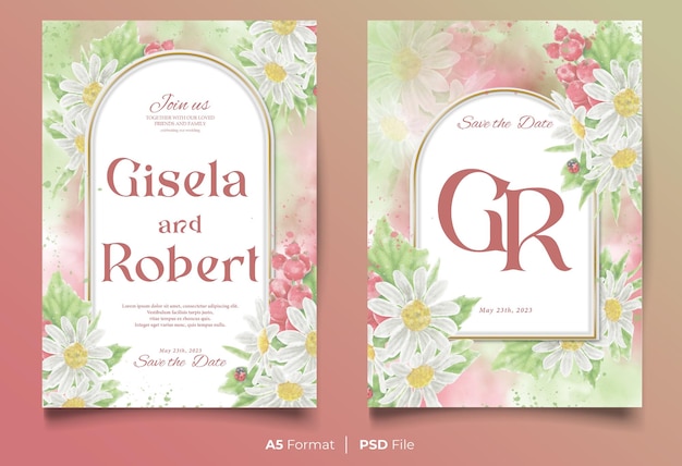 PSD modelo de convite de casamento em aquarela com ornamento de flores brancas e rosa