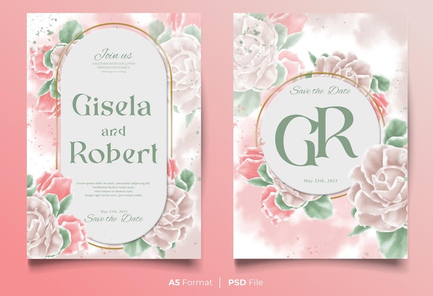 PSD modelo de convite de casamento em aquarela com ornamento de flores rosa e verde