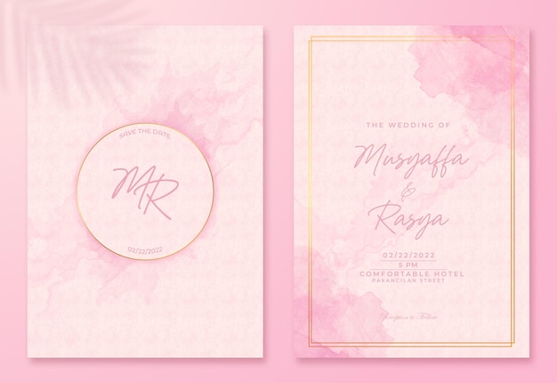 PSD modelo de convite de casamento em aquarela rosa e linha dourada