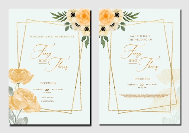 Modelo de convite de casamento em aquarela vintage com psd premium de flor marrom psd premium