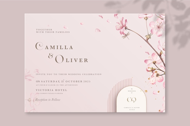 Modelo de convite de casamento floral com flor de cerejeira rosa