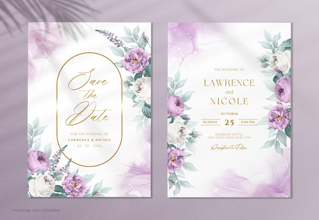 Modelo de convite de casamento floral com tema roxo