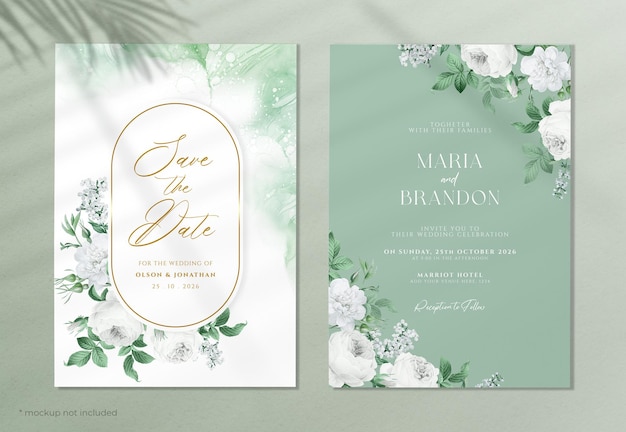 PSD modelo de convite de casamento floral com tema verde e branco