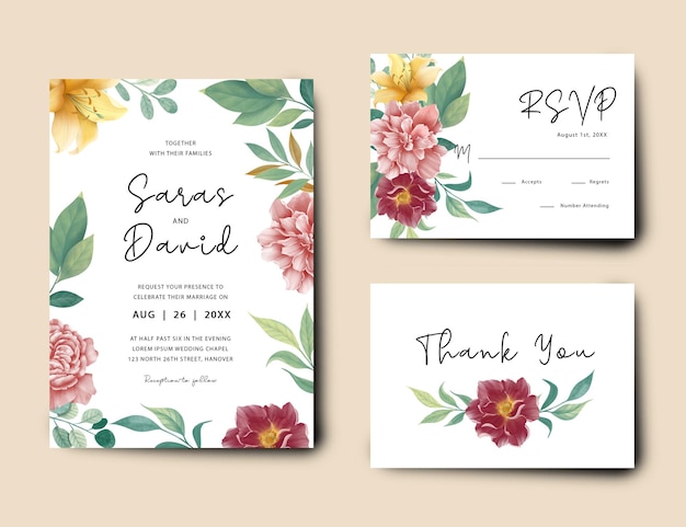 modelo de convite de casamento floral em aquarela, rsvp de desenho animado, cartão de agradecimento, cartão principal