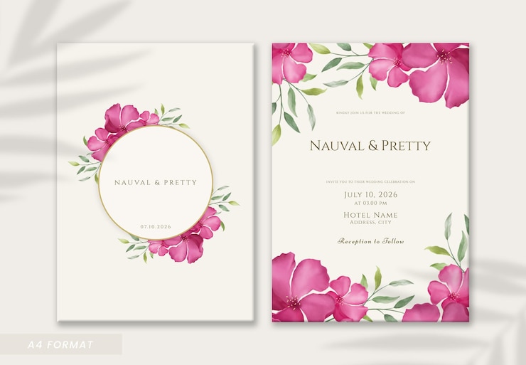 PSD modelo de convite de casamento frente e verso aquarela linda flor vermelha