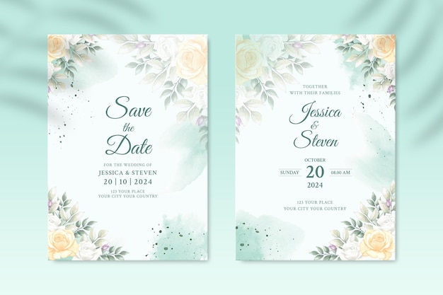 Modelo de convite de casamento frente e verso com flor amarela PSD Premium