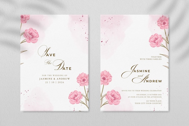 Modelo de convite de casamento frente e verso com flor rosa PSD Premium
