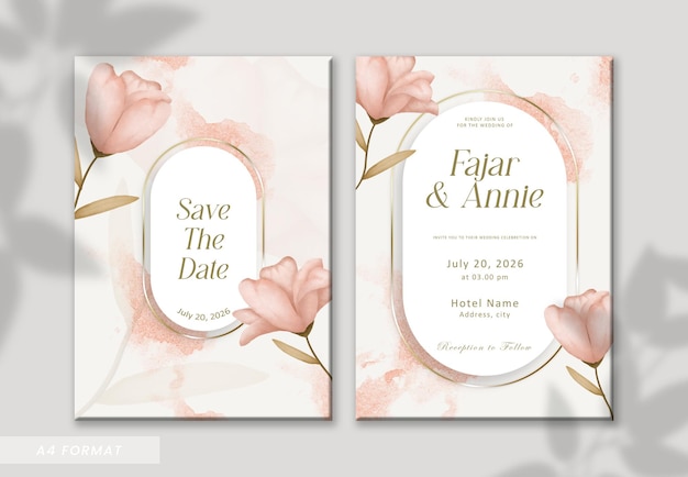 PSD modelo de convite de casamento frente e verso em aquarela linda flor de pêssego