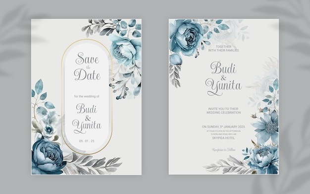 PSD modelo de convite de casamento frente e verso psd com elegantes rosas azuis empoeiradas em aquarela