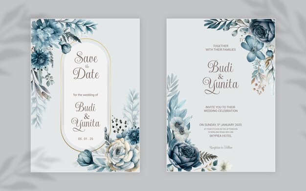 PSD modelo de convite de casamento frente e verso psd com elegantes rosas azuis empoeiradas em aquarela