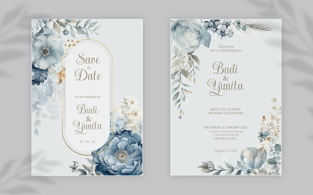 PSD modelo de convite de casamento frente e verso psd com elegantes rosas azuis empoeiradas em aquarela