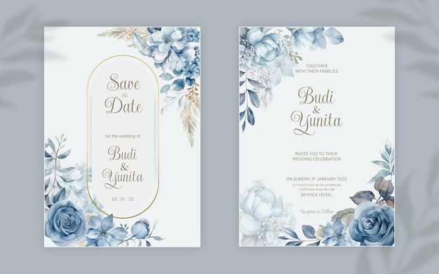 PSD modelo de convite de casamento frente e verso psd com elegantes rosas azuis empoeiradas em aquarela