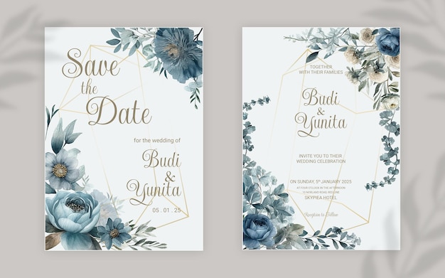 PSD modelo de convite de casamento frente e verso psd com elegantes rosas azuis empoeiradas em aquarela