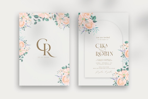 Modelo de convite de casamento geométrico PSD com flores amarelas_