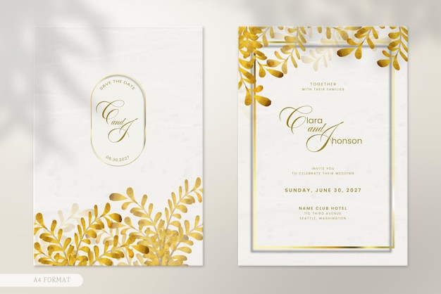 PSD modelo de convite de casamento moderno de lado duplo com ornamentos de aquarela de folhas vintage