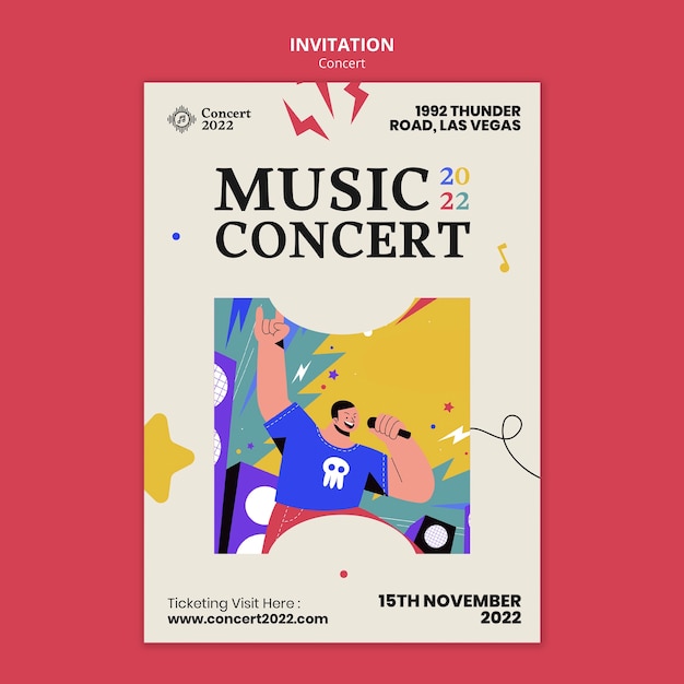 Modelo de convite de concerto de música desenhado à mão