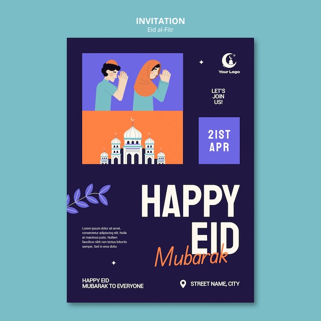 Modelo de convite de design plano eid al fitr