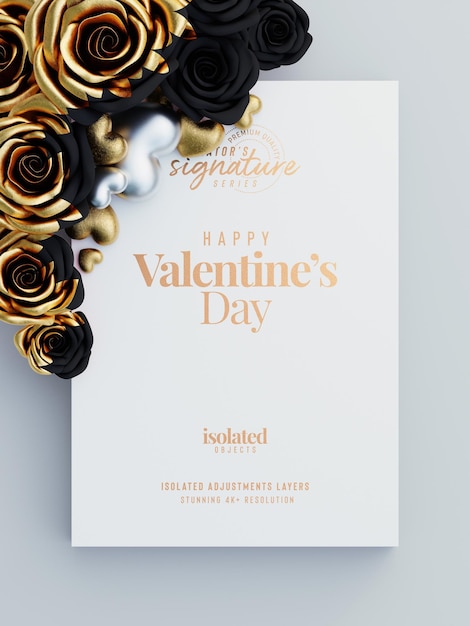 Modelo de convite de folheto de dia dos namorados com rosas decorativas e corações de amor