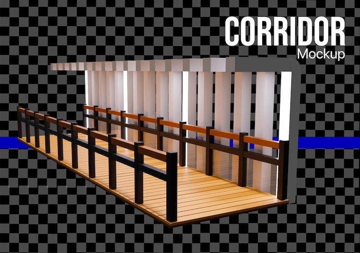 PSD modelo de corredor renderizado em 3d com passarela de madeira