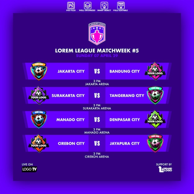 Modelo de cronograma de partidas da liga de futebol
