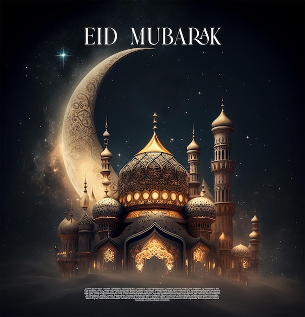 Modelo de cumprimentos de Eid Mubarak luxuoso grande mesquita ilha fundo generativo ai