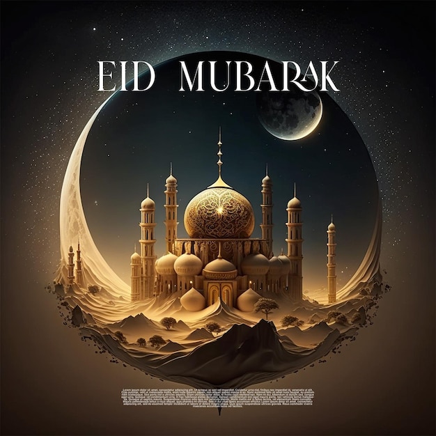 Modelo de cumprimentos de eid mubarak luxuoso grande mesquita ilha fundo generativo ai