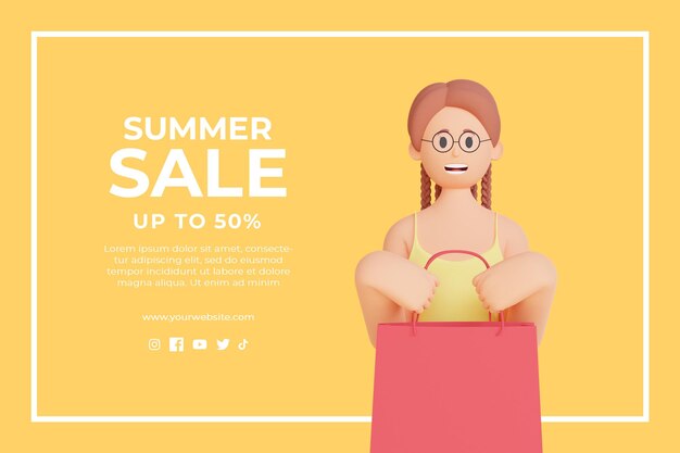 Modelo de desconto em promoção de verão 3d com personagem feminina em 3d