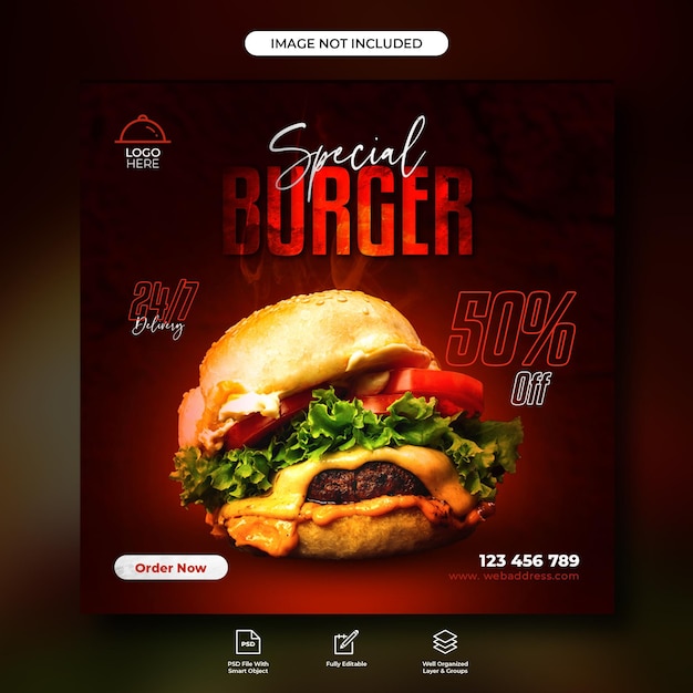 PSD modelo de design de banner de mídia social de menu de comida deliciosa