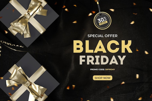 Modelo de design de banner de venda sexta-feira negra com caixas de presentes douradas realistas