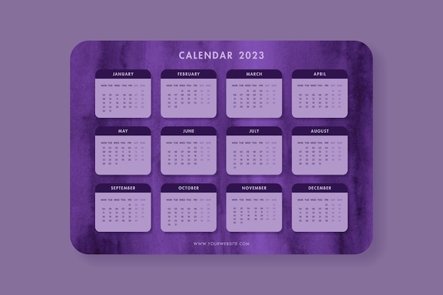 PSD modelo de design de calendário roxo 2023 em inglês