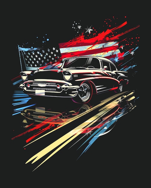 PSD modelo de design de camiseta de carro de bandeira americana futurista