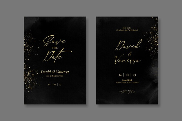 PSD modelo de design de cartão de convite de casamento preto e dourado editável