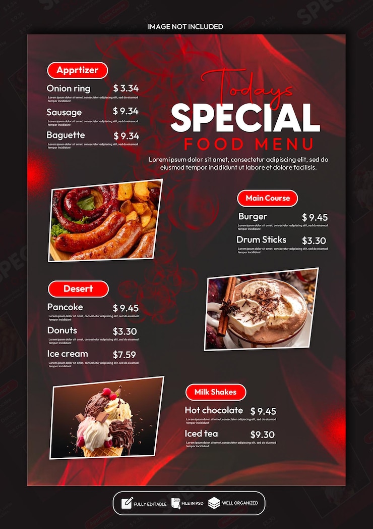 PSD modelo de design de cartaz de cardápio de refeições especiais de restaurantes