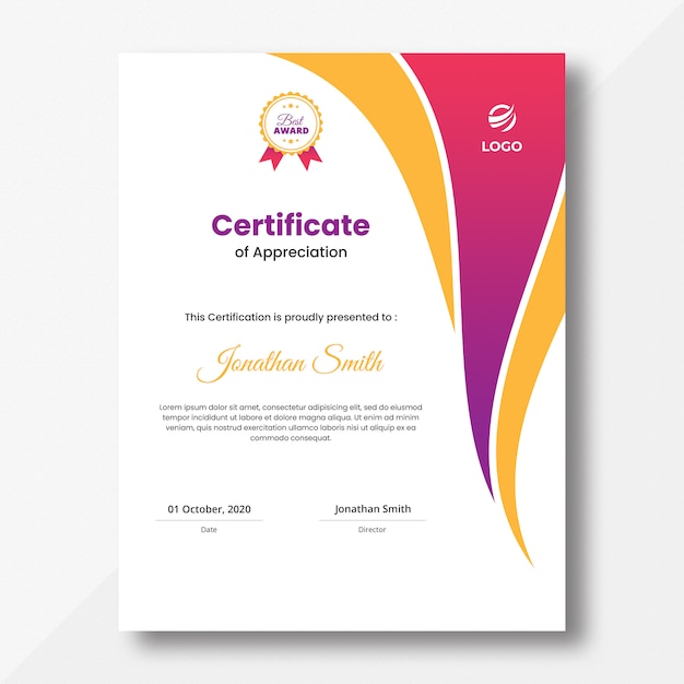 Modelo de design de certificado de ondas verticais coloridas de rosa e laranja