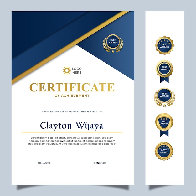 modelo de design de certificado simples moderno retrato de cor de luxo dourado azul 2