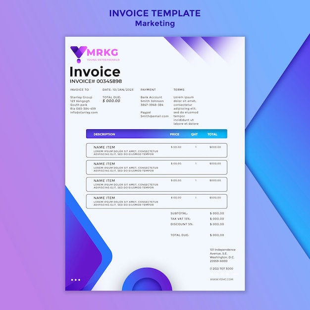PSD modelo de design de fatura de marketing gradiente