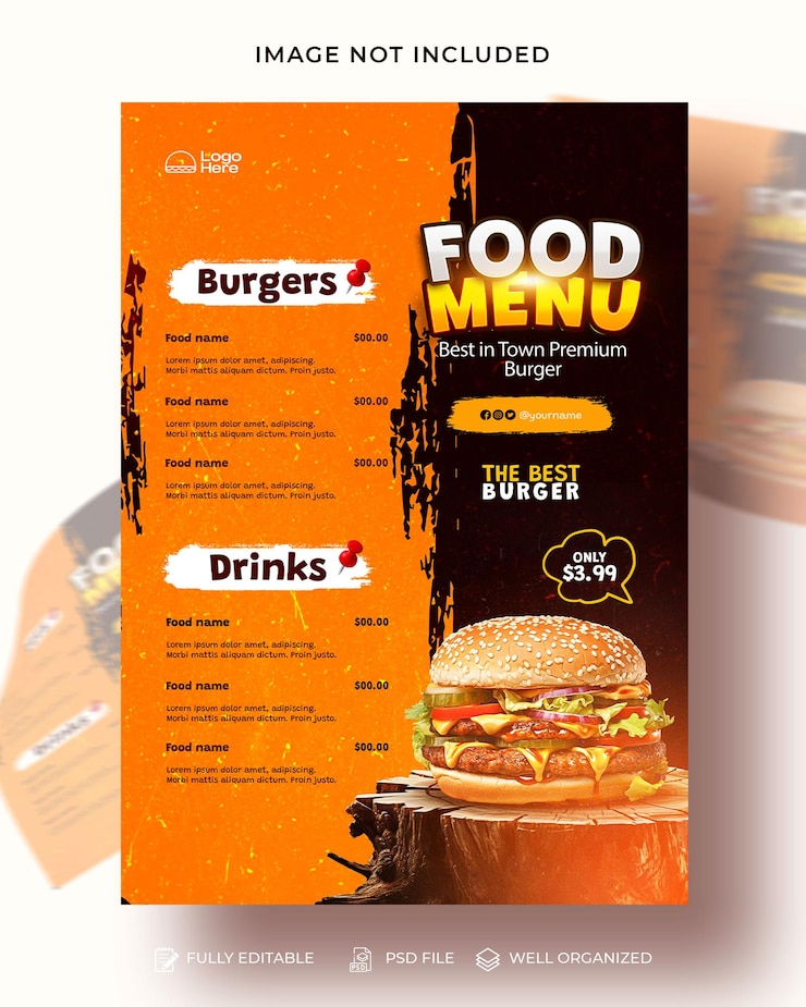 PSD modelo de design de folheto do menu de restaurantes