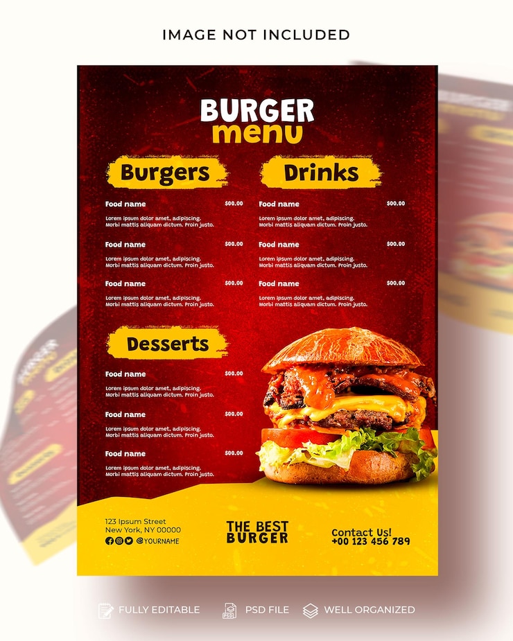 PSD modelo de design de folheto do menu do restaurante burger food