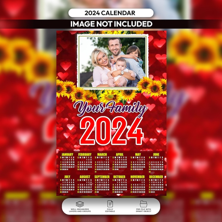PSD modelo de design de layout de calendário familiar floral vermelho psd 2024
