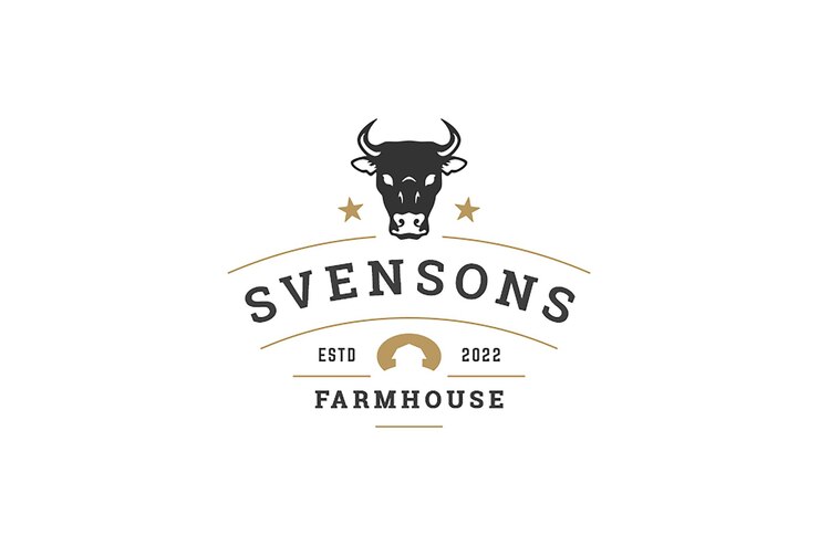 PSD modelo de design de logotipo de agricultura de fazenda vintage cabeça de vaca de touro casa de fazenda decorativa