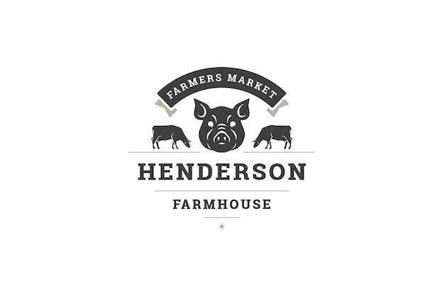 Modelo de design de logotipo vintage do mercado de fazenda cabeça de porco e vacas monocromático