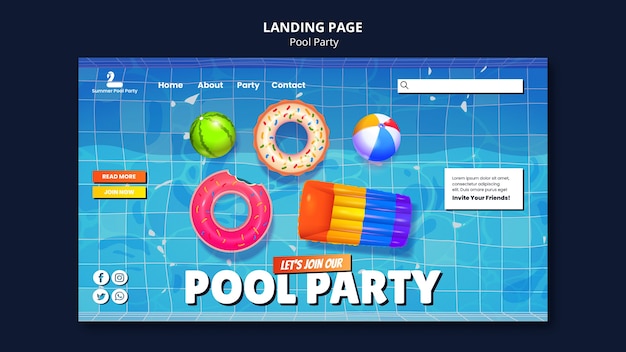 PSD modelo de design de página de destino de festa na piscina
