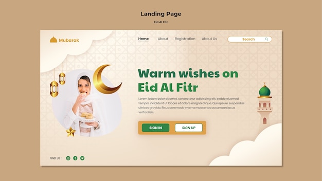 Modelo de design de página de destino eid al-fitr realista